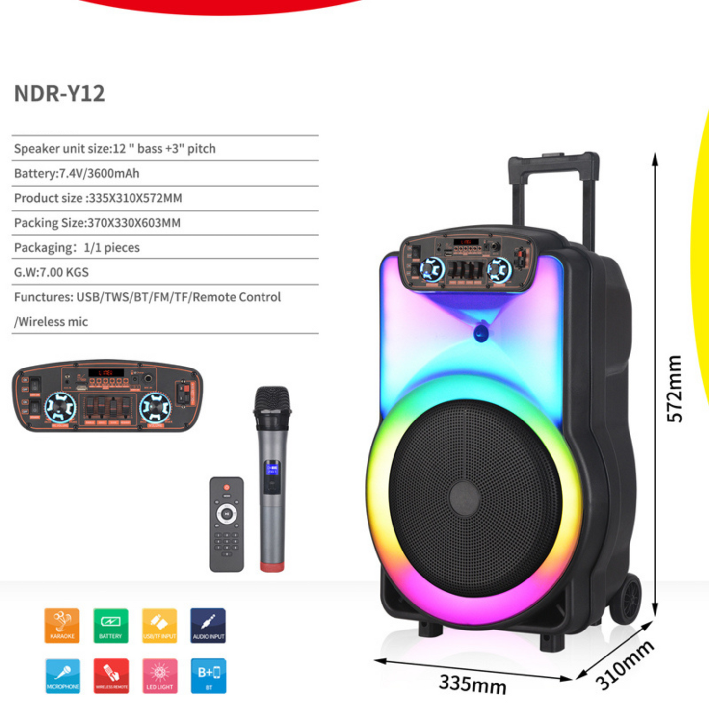 Cassa Portatile Karaoke 12'' Professionale con Microfono Altoparlante Bluethooth