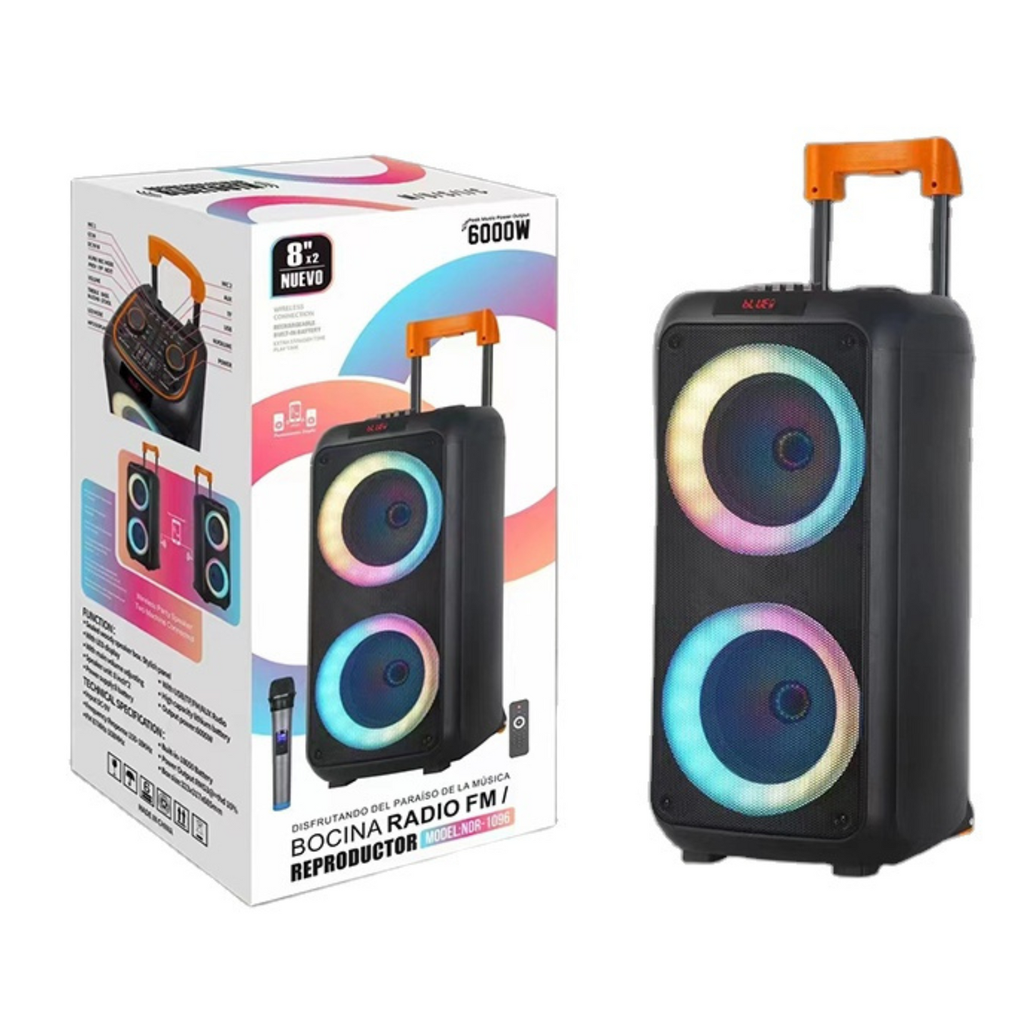 Cassa Karaoke 8''x2 Altoparlante Bluethooth 600W con Microfono Wireless a Batteria
