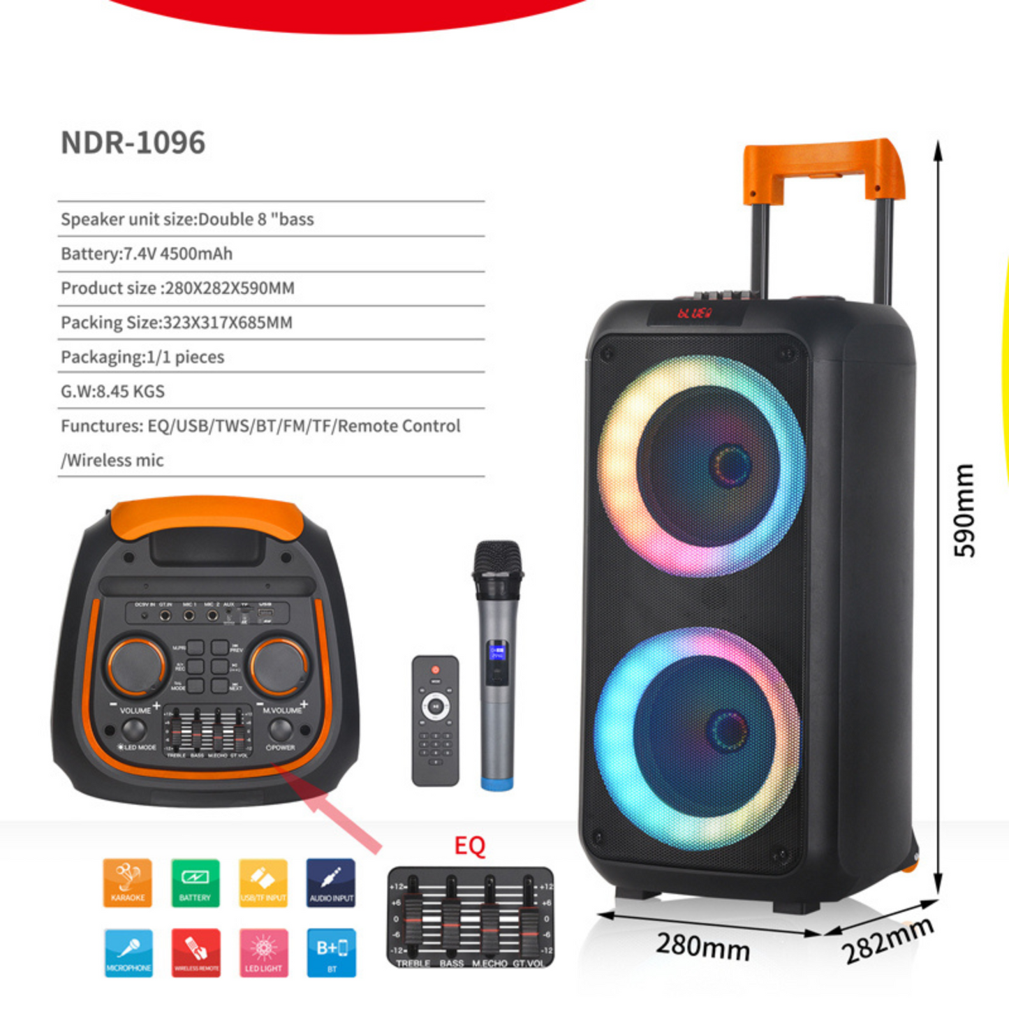 Cassa Karaoke 8''x2 Altoparlante Bluethooth 600W con Microfono Wireless a Batteria